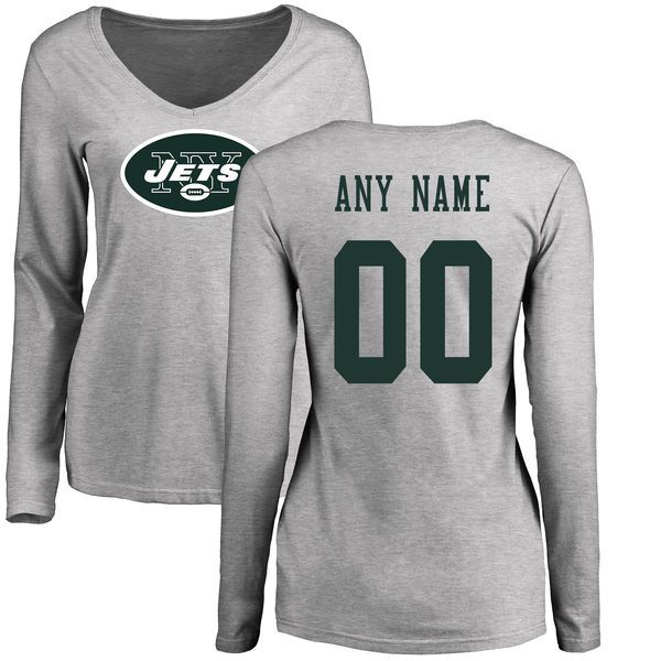 Women New York Jets NFL Pro Line Ash Custom Name and Number Logo Slim Fit Long Sleeve T-Shirt->->Sports Accessory